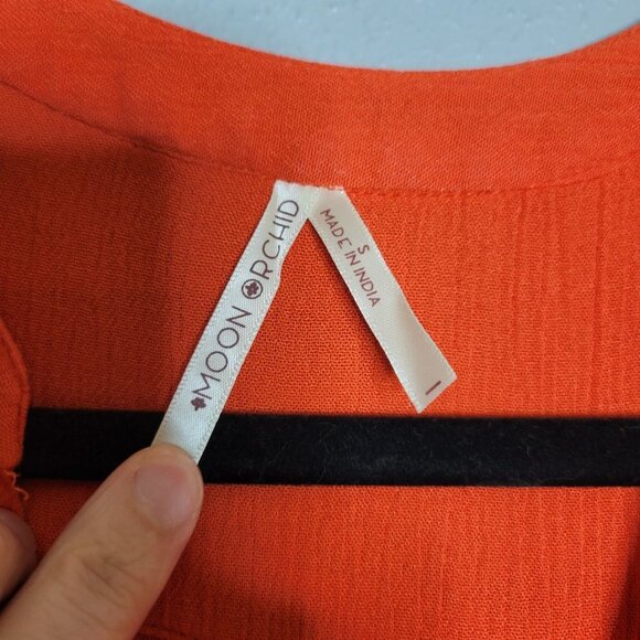 Moon Orchid Crochet Top Blouse 3/4 Flare Sleeve Pleated V-Neck Orange Size Small - Picture 9 of 10